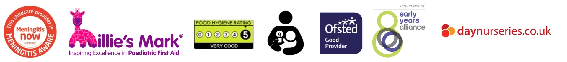 Meningitis Aware, Millie's Mark, 5 star Food Hygiene rating, breastfeeding friendly, Ofsted Good Provider, Early Years Alliance and daynurseries.co.uk accreditations held by Ready Steady Go Childcare